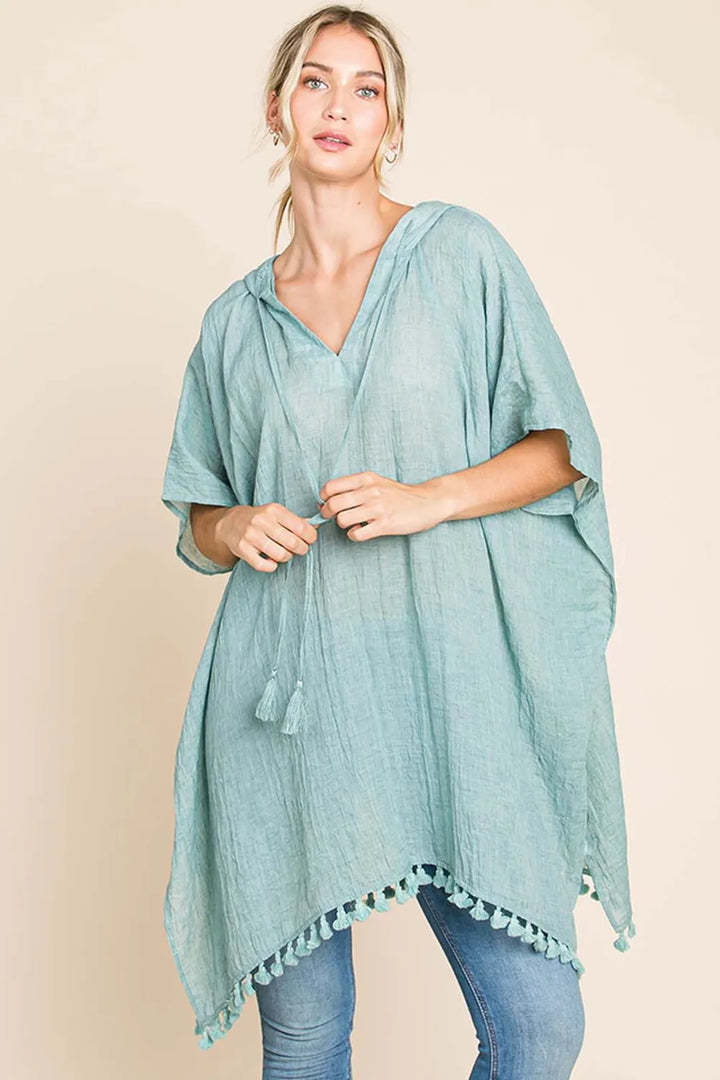 Mint Cotton Bleu By Nu Label Tassel Hem Hooded Cover Up