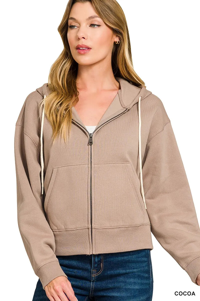 Cocoa Zenana Fleece Cropped Zip Up Hoodie With Pockets