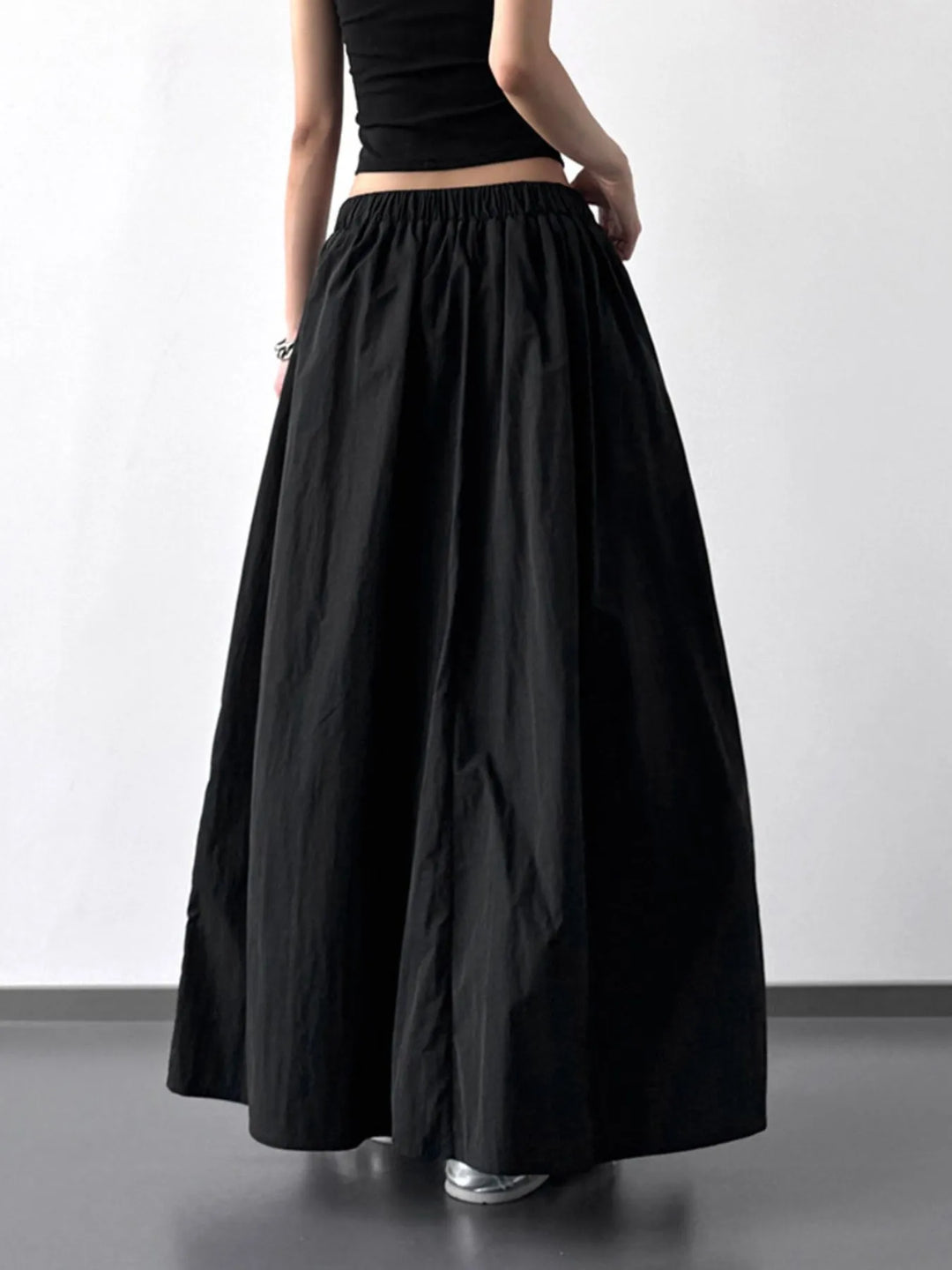 Black Pleated Linen Maxi Skirt