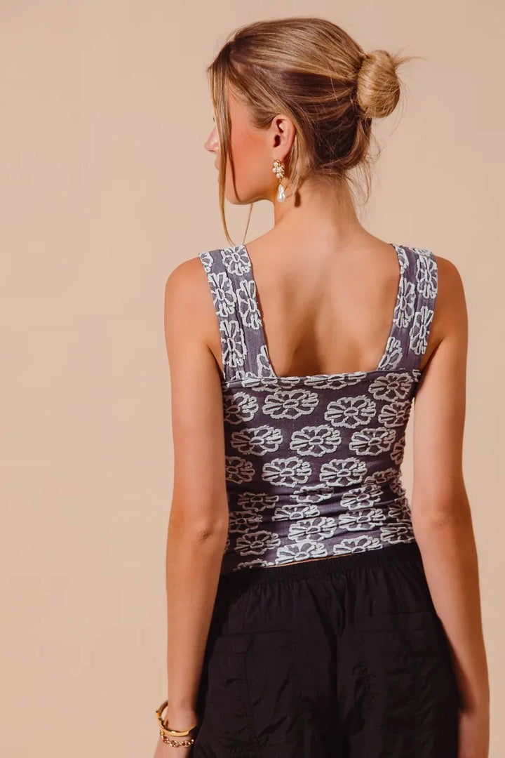 Charcoal Blue So Me Two Tone Floral Seamless Tank Top 2