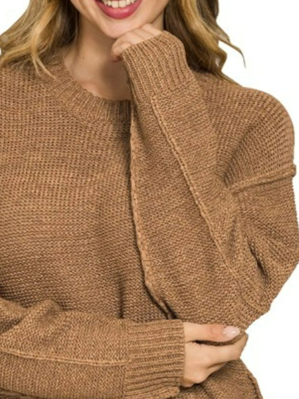 Deep Camel Zenana Exposed Seam Round Neck Sweater