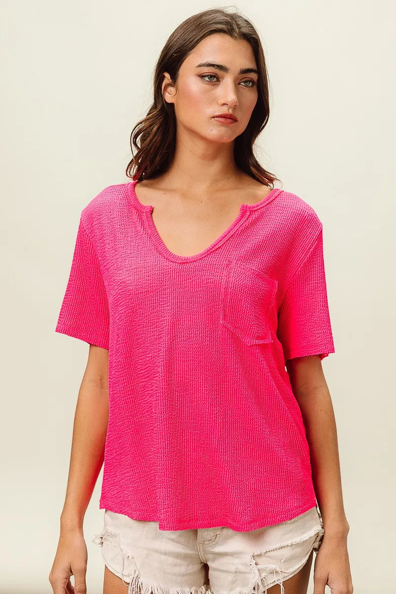 Bibi Waved Rib U Neck Top With Front Pocket