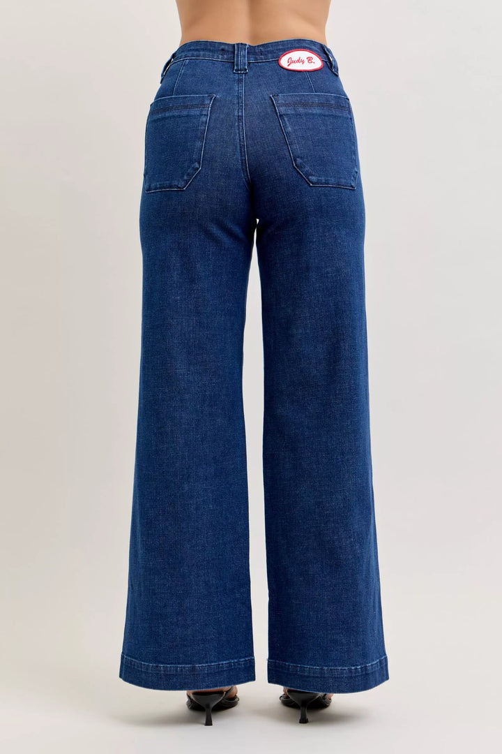 Dk Judy Blue High Waisted Retro Wide Jeans With Patch Pkts Twisted Seams