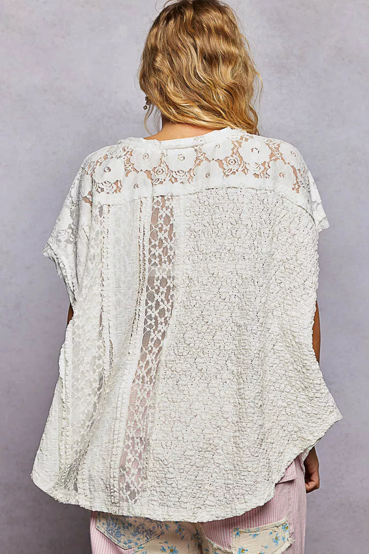 Pol Asymmetrical V Neck Short Sleeve Lace Top 1