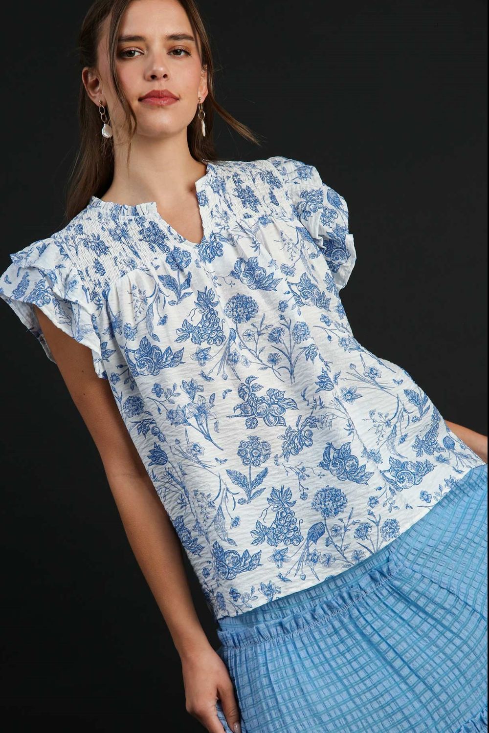 Sky Blue Umgee Full Size Two Tone Boxy Cut Floral Print Plus Size