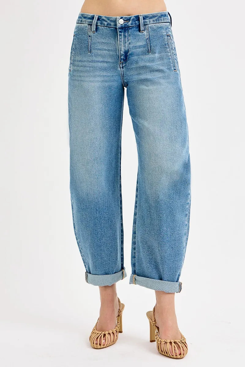 Medium Risen Full Size Mid Rise Fit Barrel Roll Up Jeans Plus Size