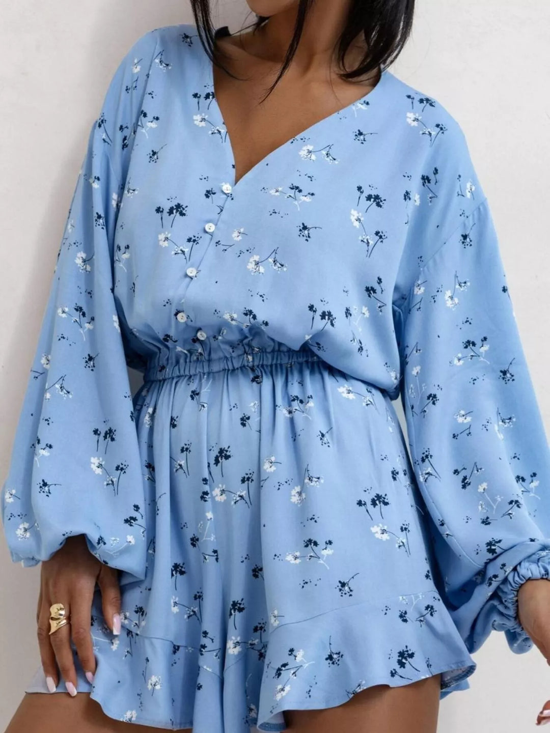 Blue Floral V Neck Long Sleeve Romper With Elastic Waist