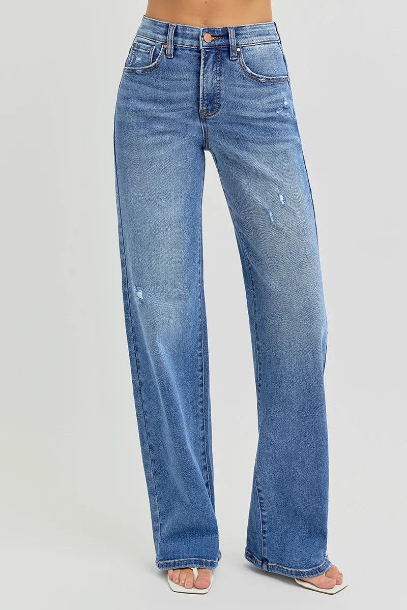 Medium Risen Full Size Tummy Control Elastic Band High Rise Wide Jeans Plus Size