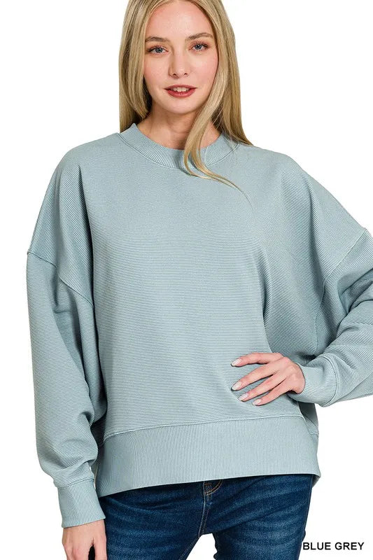 Blue Grey Zenana Ribbed Balloon Sleeve Sweatshirt