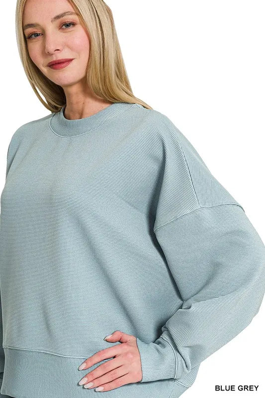 Blue Grey Zenana Ribbed Balloon Sleeve Sweatshirt