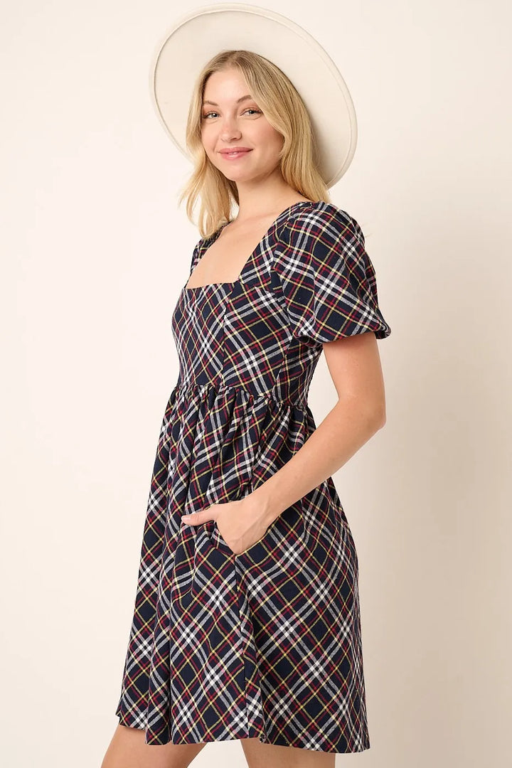 Navy Mittoshop Checkered Print Puff Sleeve Babydoll Mini Dress