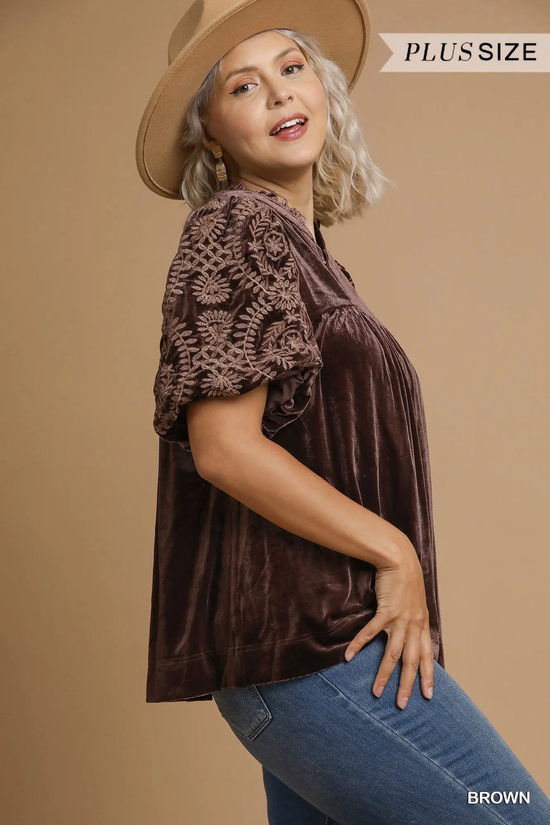 Brown Umgee Full Size Velvet Embroidered Sleeve Blouse Plus Size