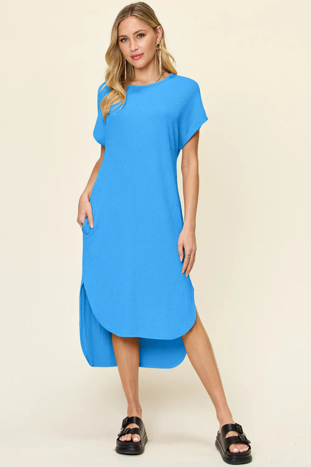 Sky Blue Double Take Full Size Round Neck Short Sleeve Slit Dress