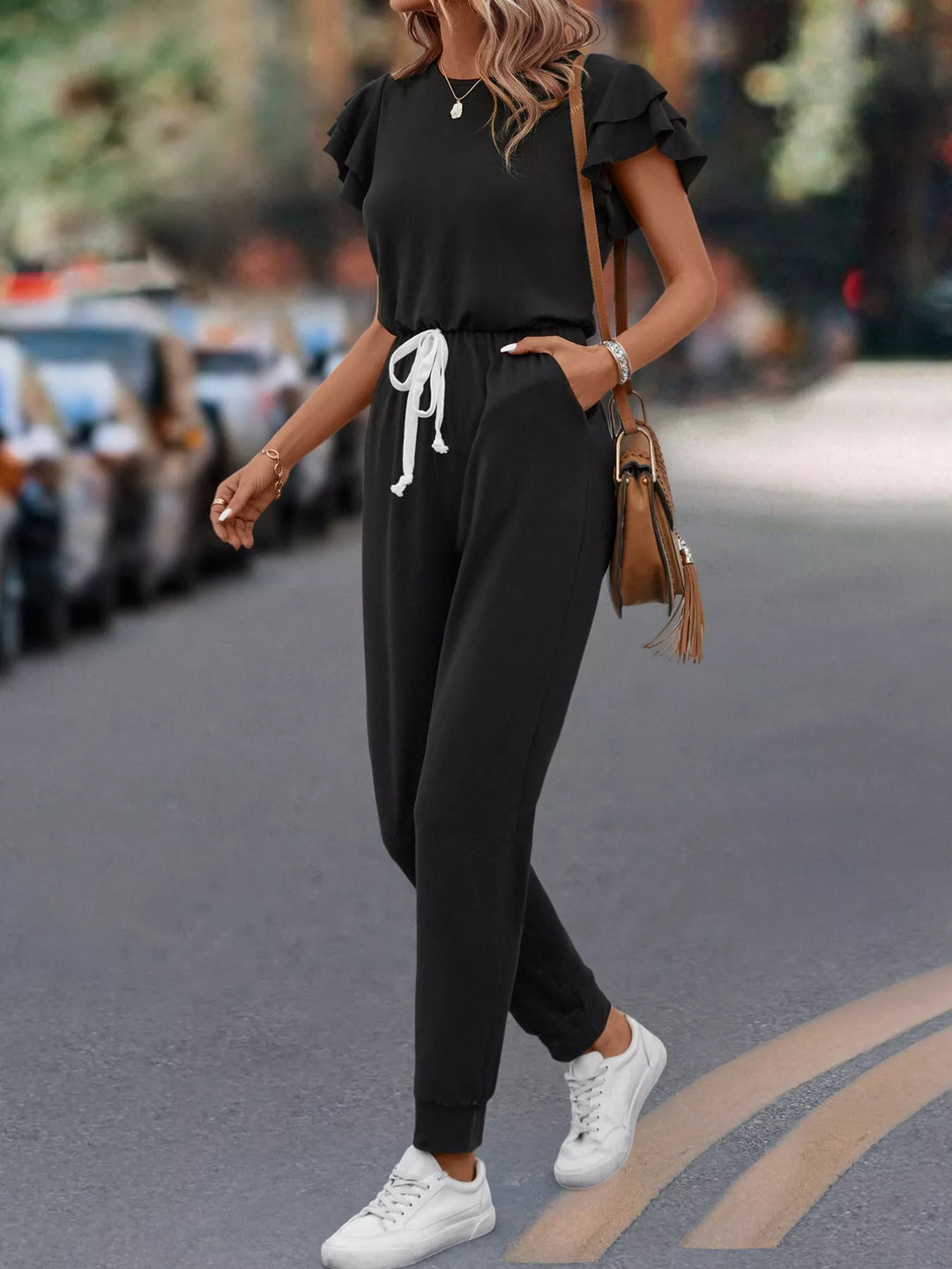 Black Ruffle Sleeve Drawstring Waist Casual Jumpsuit