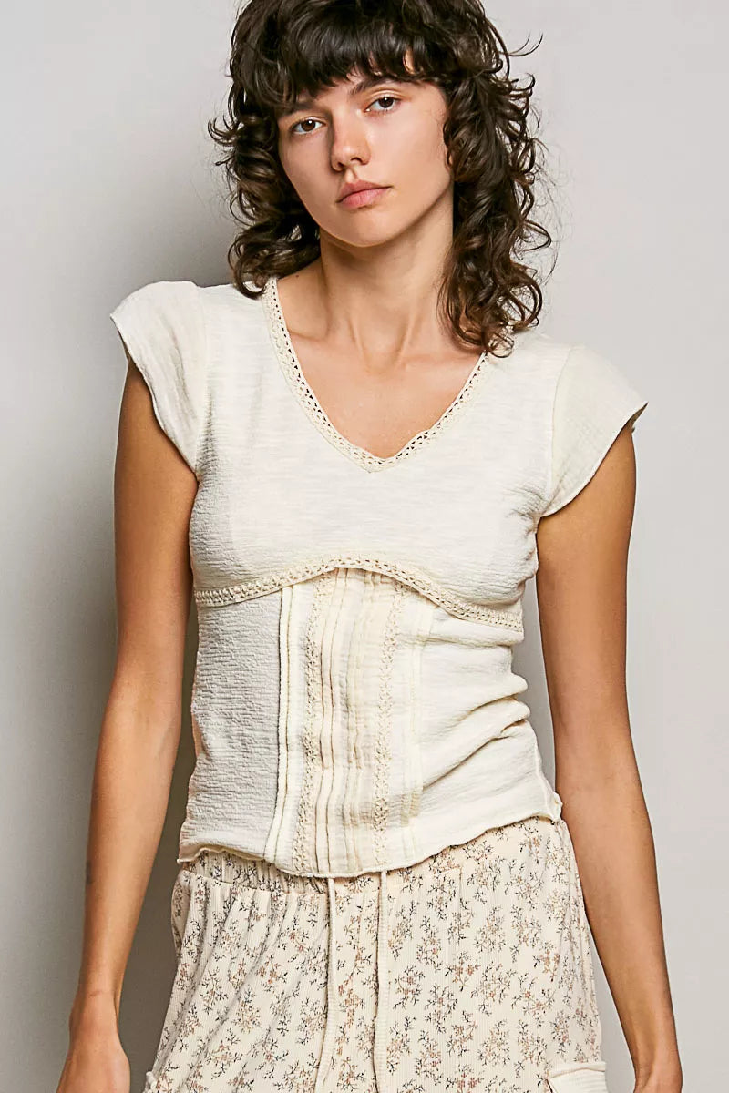 Cream Pol V Neck Lightweight Textured Short Sleeve Knit Top With Lace Trim 4