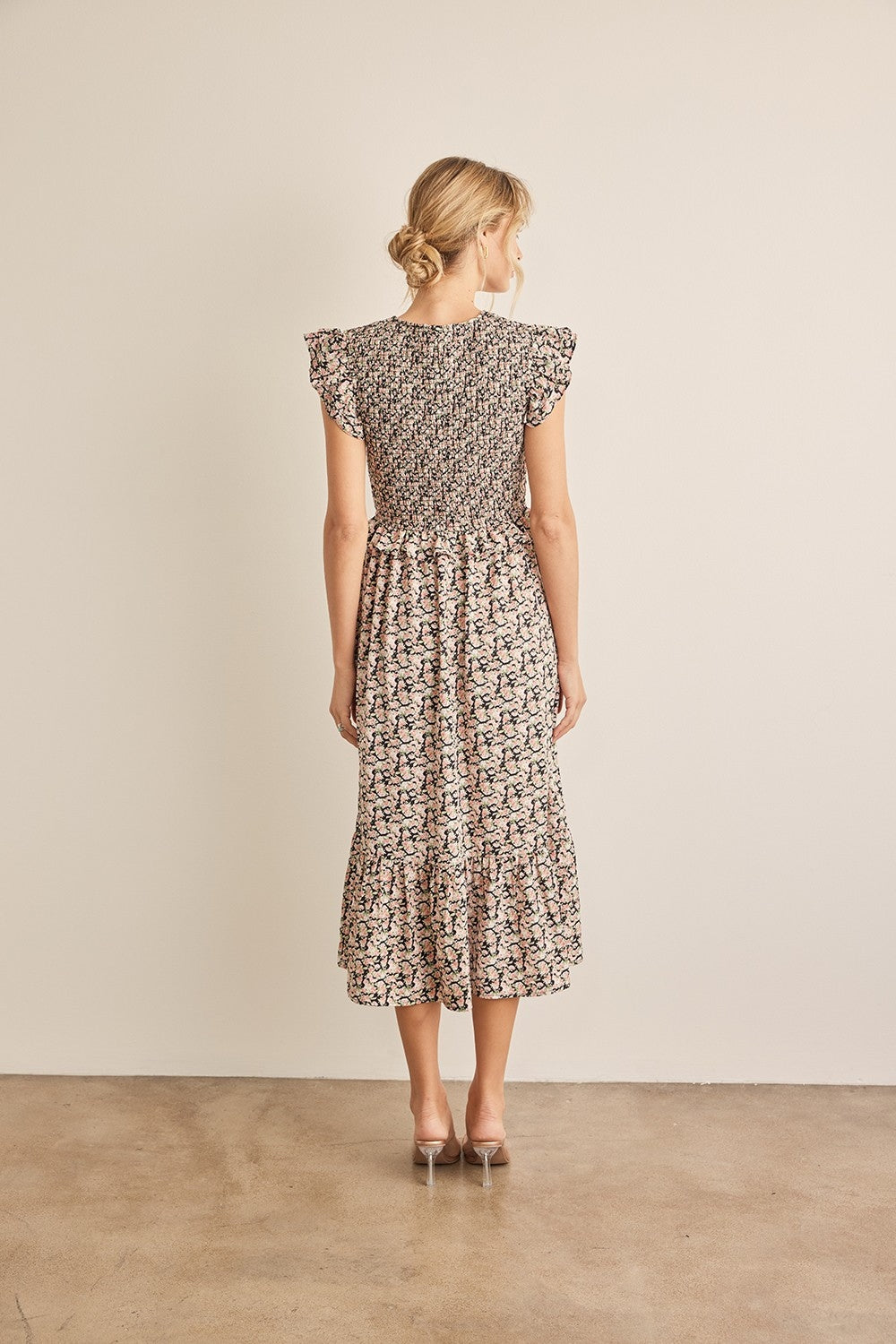 Black/Peach In February Floral Smocked Ruffled Midi Dress