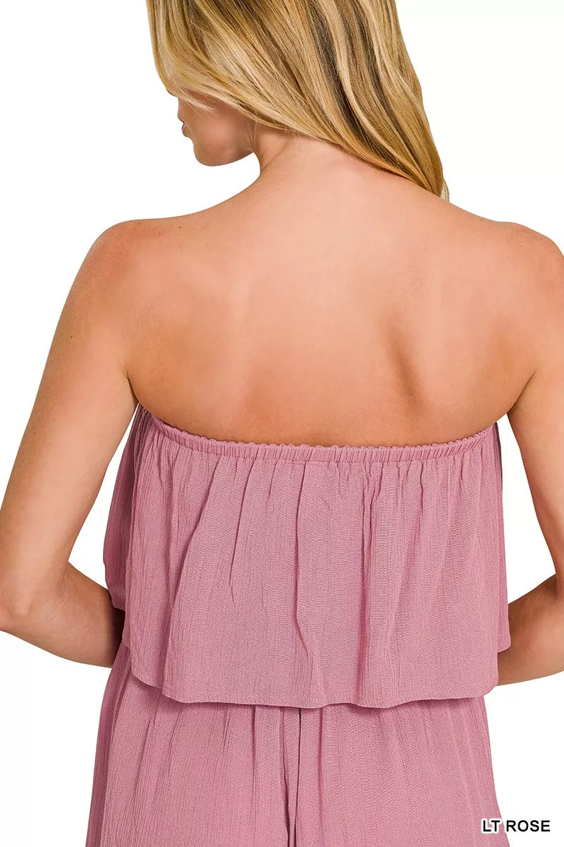 Lt Rose Zenana Woven Crinkle Strapless Rompers