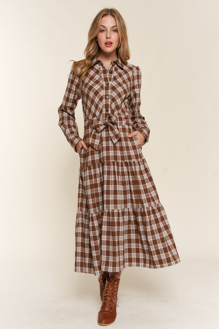 Brown And The Why Plaid Tiered Midi Shirt Dress