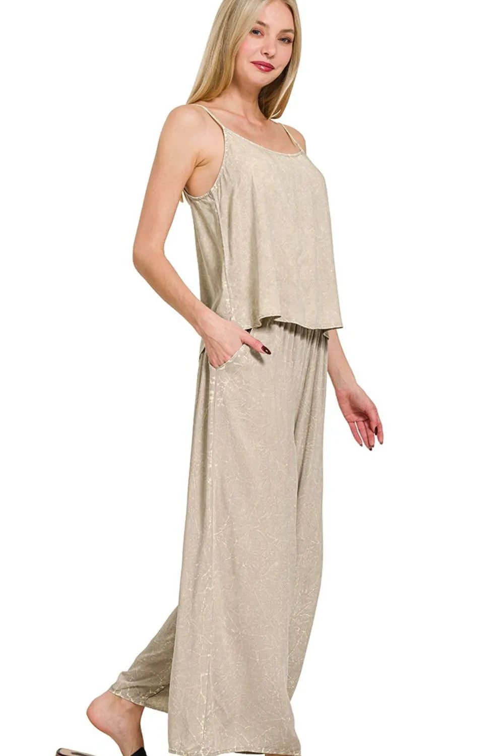 Ash Mocha Zenana Woven Acid Crinkle Washed Cami Pants 2 Piece Set