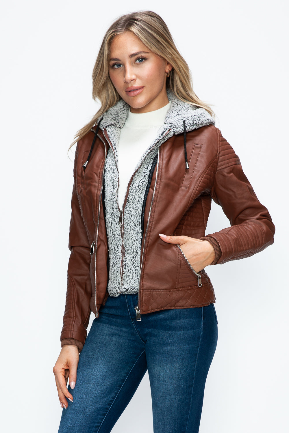 Ymi Faux Layered Double Zipper Jacket With Fuzzy Hood 5