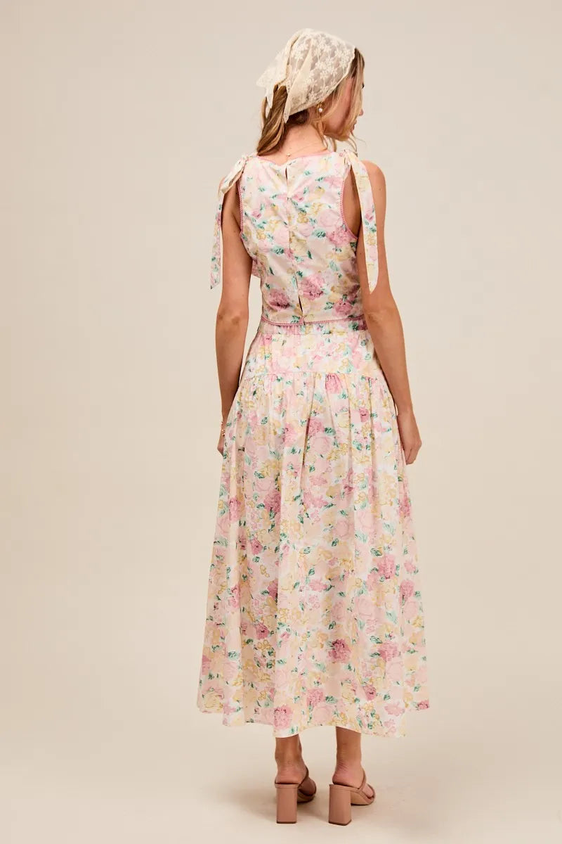 Floral So Me Floral Printed Woven Shoulder Bow Tie Top And Skirt Set