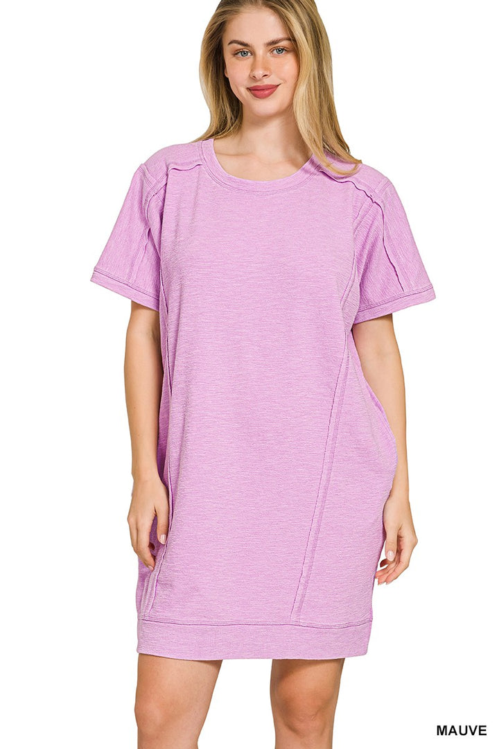 Mauve Zenana Washed Slub Short Sleeve Dress With Pockets
