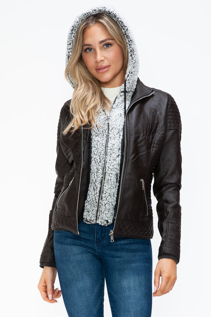 Ymi Faux Layered Double Zipper Jacket With Fuzzy Hood