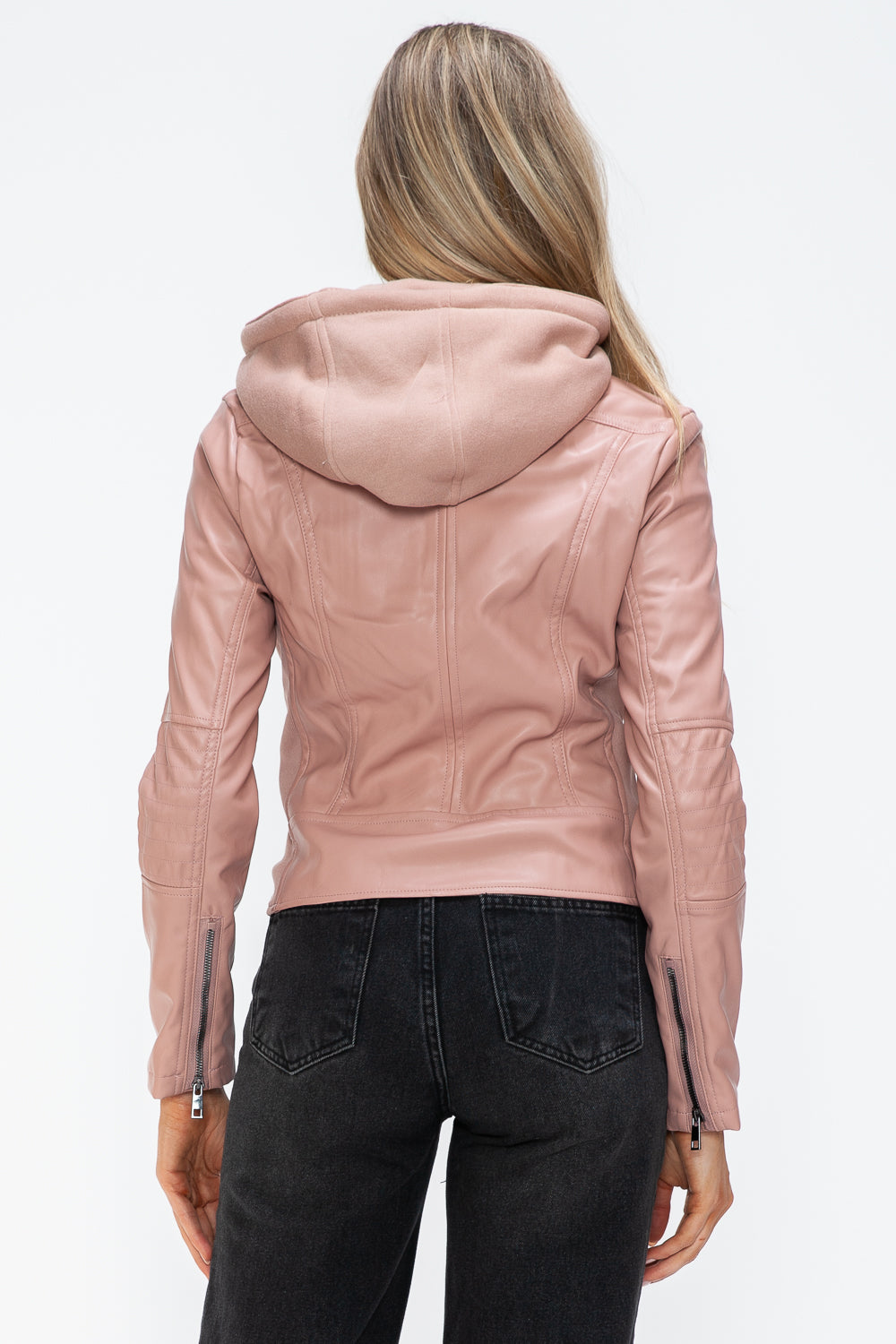 Mauve Snobbish Faux Leather Zip Up Drawstring Hooded Jacket 4