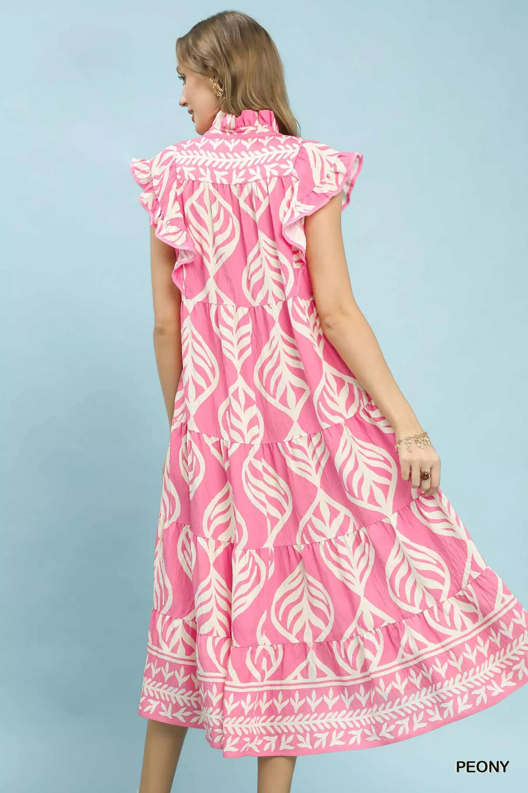 Peony Umgee Leaf Print Tiered Maxi Dress With Pockets