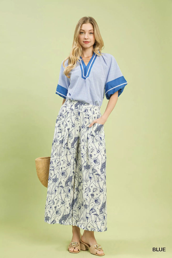 Umgee Two Tone Floral Print Pants 1