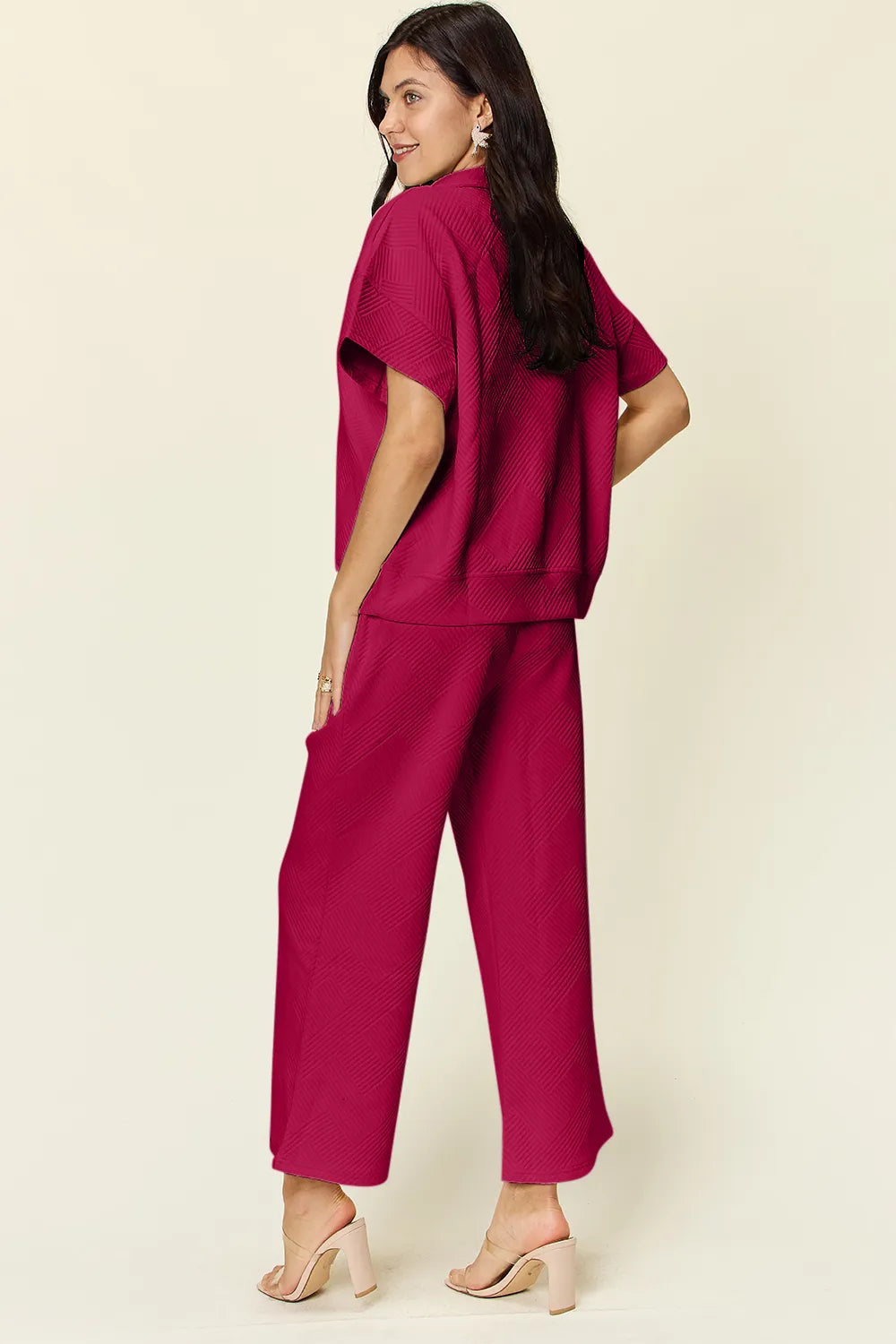Olive Double Take Full Size Texture Half Zip Short Sleeve Top And Pants Set 1
