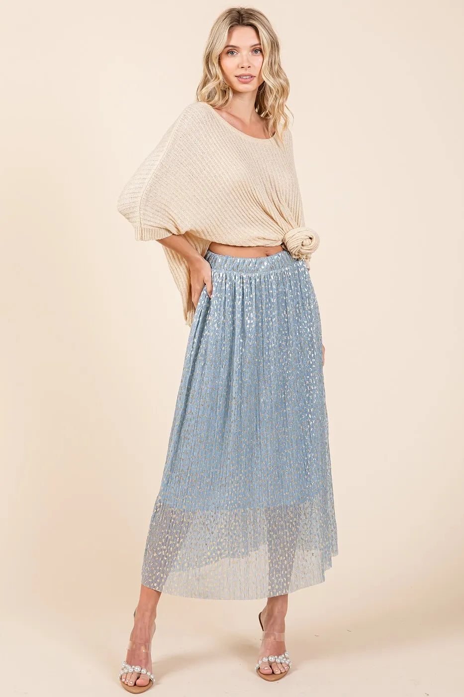 Blue Mittoshop Metallic Glitter Speckle Print Elastic Midi Skirt