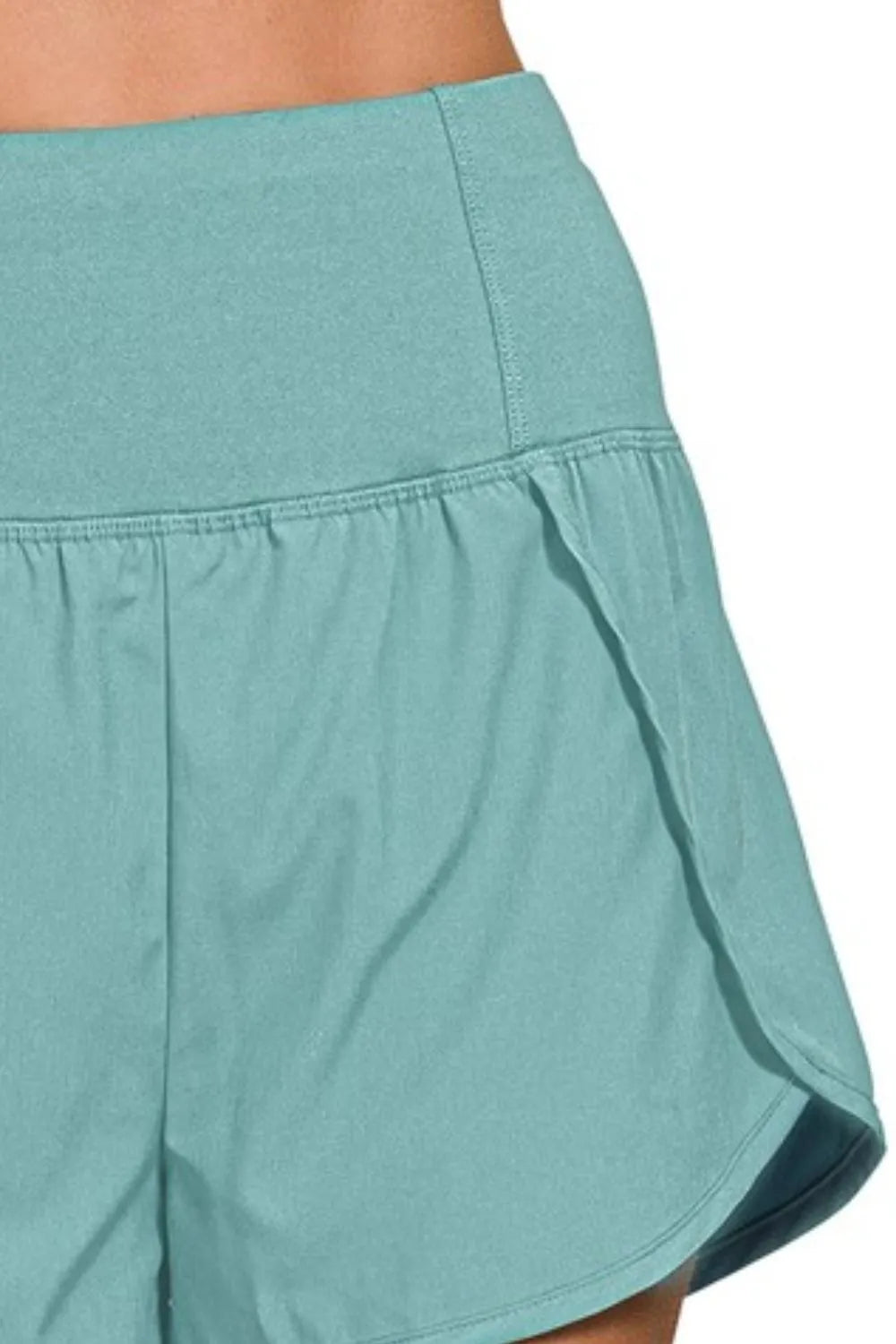 Dusty Teal Zenana High Waisted Zippered Back Pocket Running Shorts