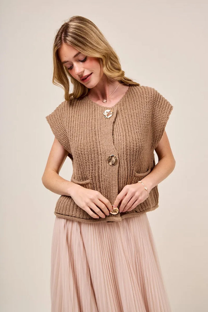 Coffee So Me Big Metal Button Front Sweater Vest