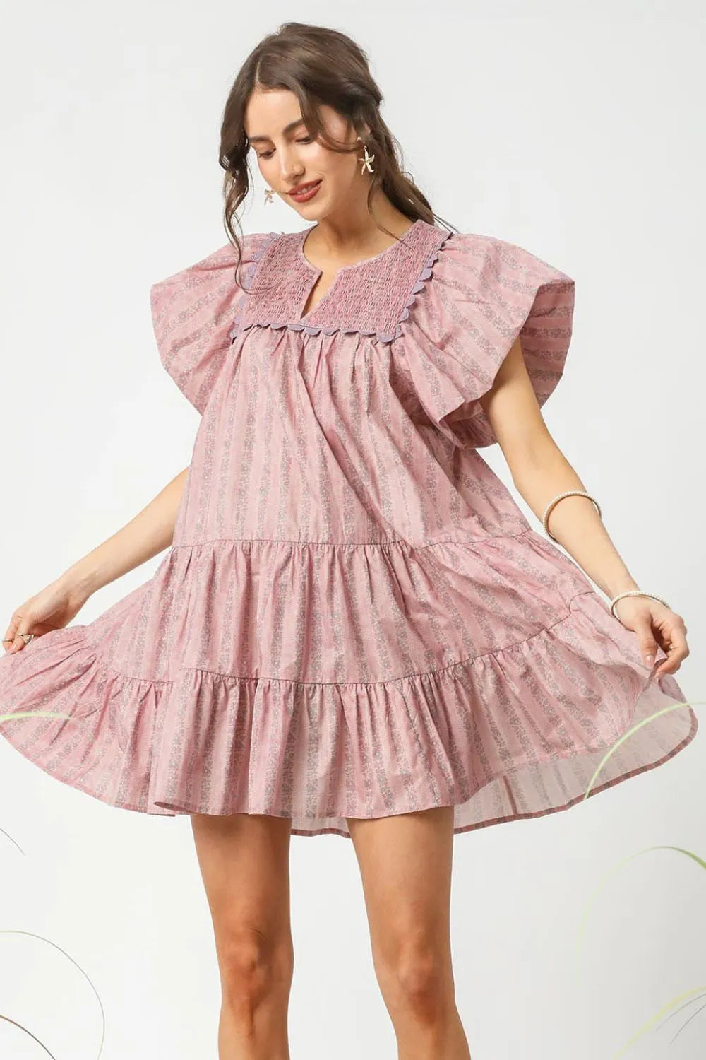 Dusty Pink Umgee Floral Ruffled Cap Sleeve Tiered Mini Dress 1