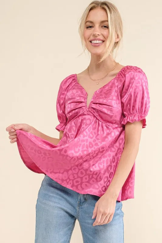 Fuchsia And The Why Satin Leopard V Wired Puff Sleeves Blouse 1