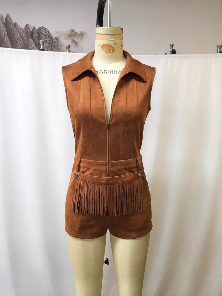 Brown Full Size Fringe Zip Front Sleeveless Romper Plus Size