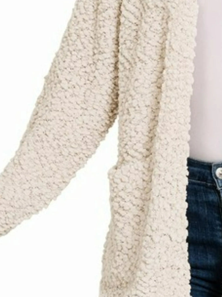 Sand Beige Zenana Long Sleeve Popcorn Sweater Cardigan With Pockets 2