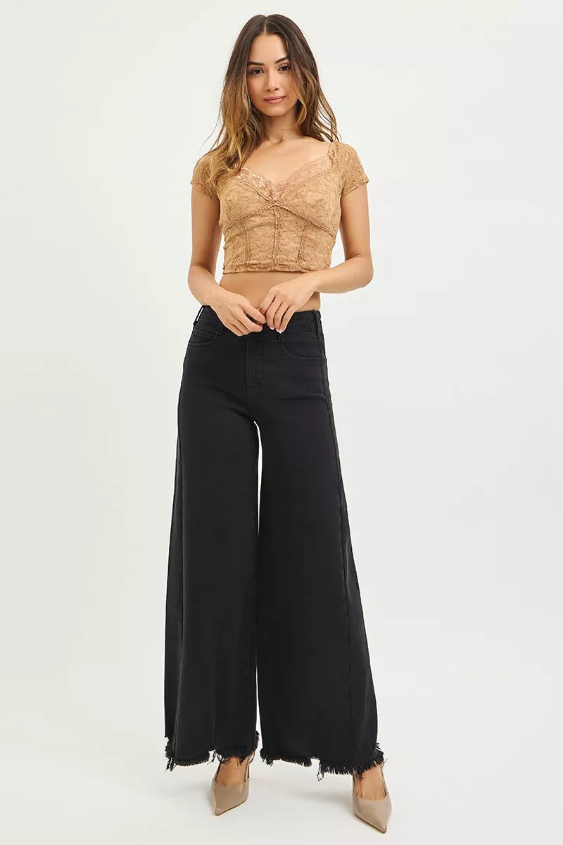 Black Risen Tummy Control High Rise Palazzo Leg Frayed Hem Jeans
