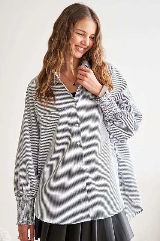Gray Adora High Low Striped Button Down Smocked Lantern Sleeve Shirt