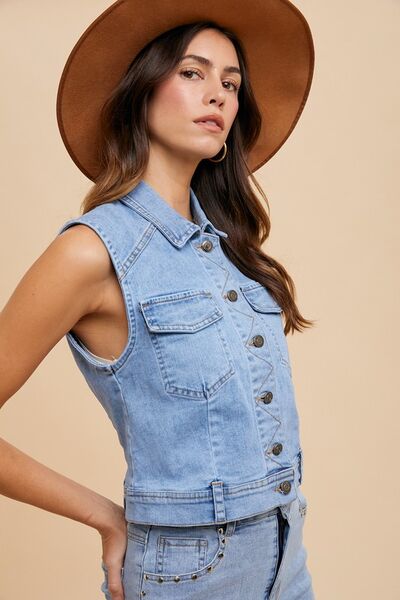 Medium Annie Wear Collared Neck Button Down Denim Vest 1