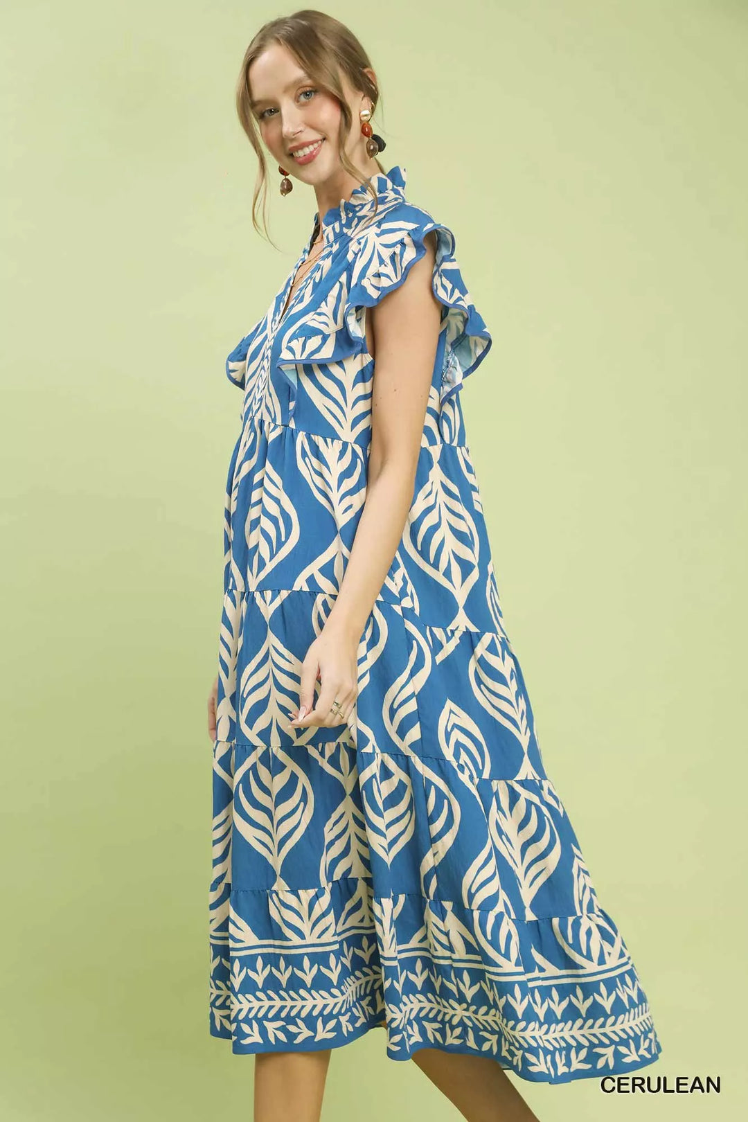 Cerulean Umgee Leaf Print Tiered Midi Dress With Pockets