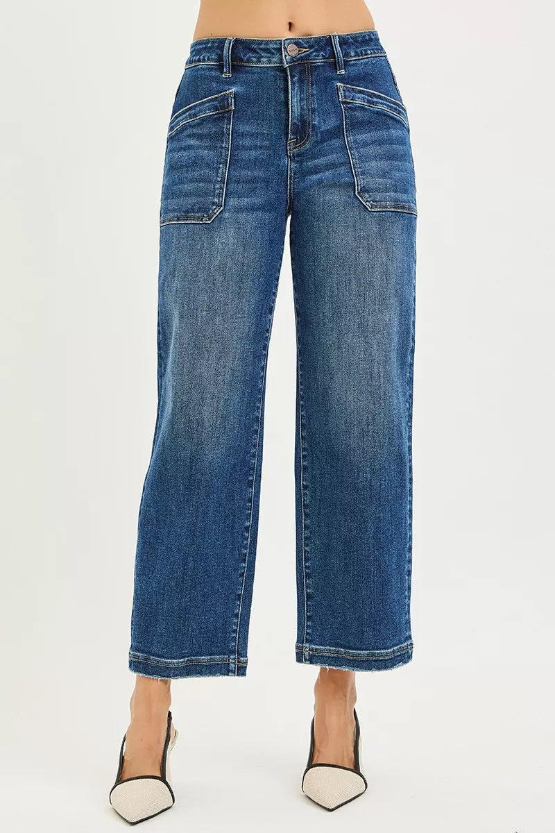 Dark Risen Slouchy Cropped Baggy Jeans With Front Patch Pocket