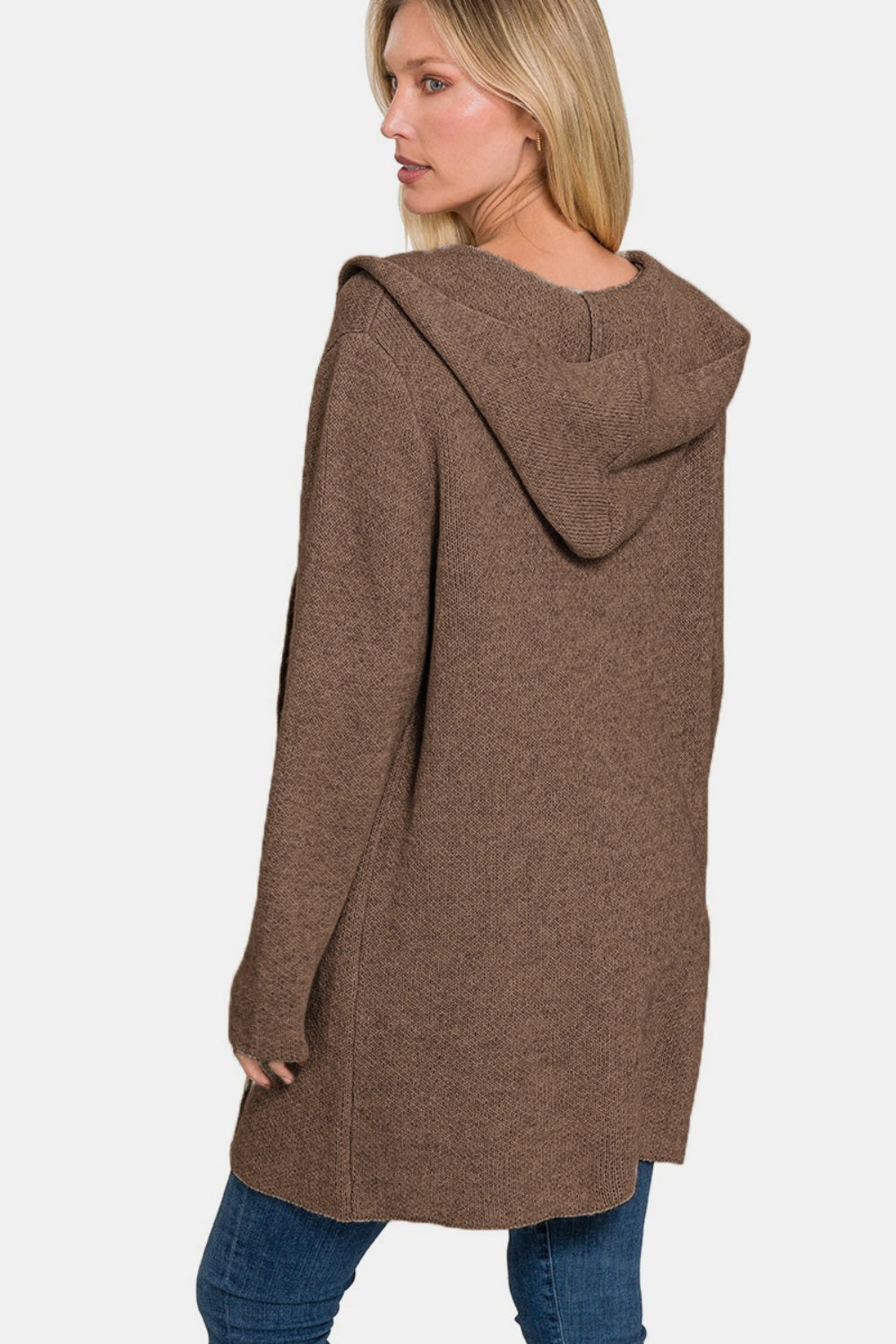 Brown Zenana Hooded Open Front Sweater Cardigan