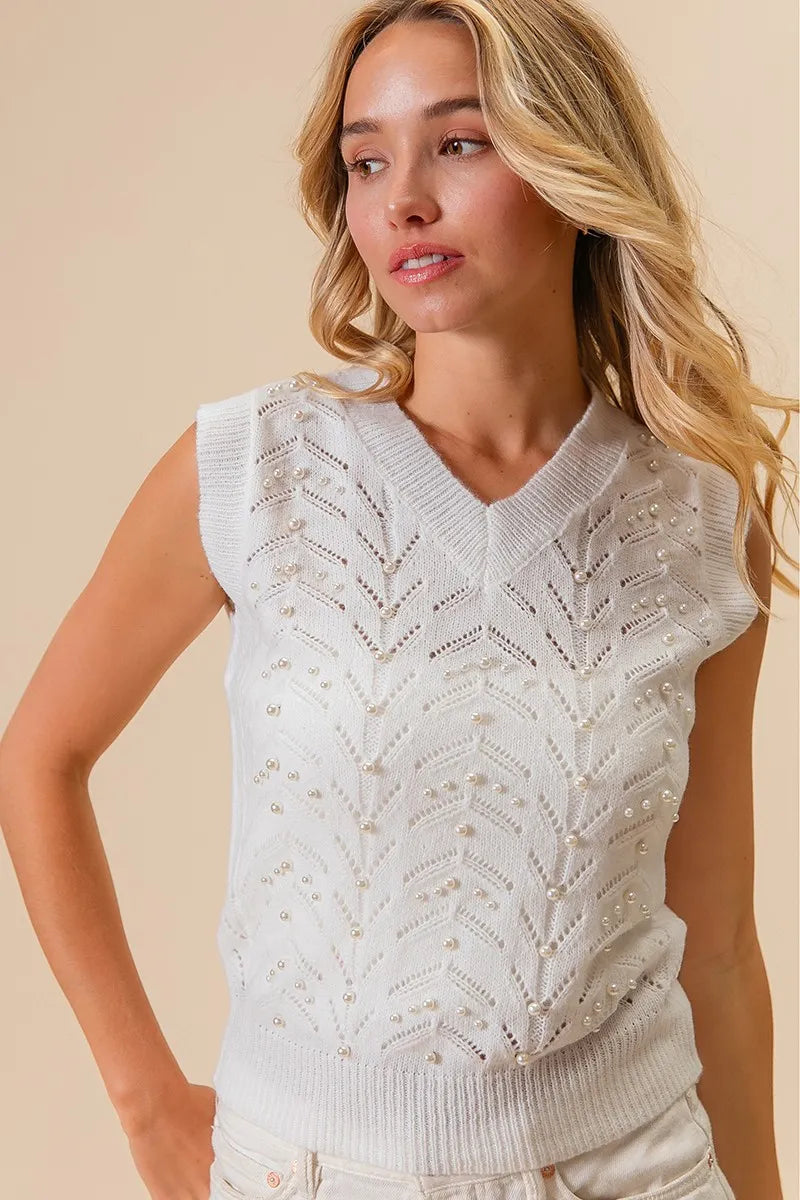 Ivory Bibi Chevron Pointelle Pearl Knit Top