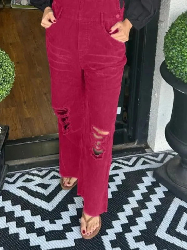 Khaki Distressed Wide Leg Corduroy Overalls