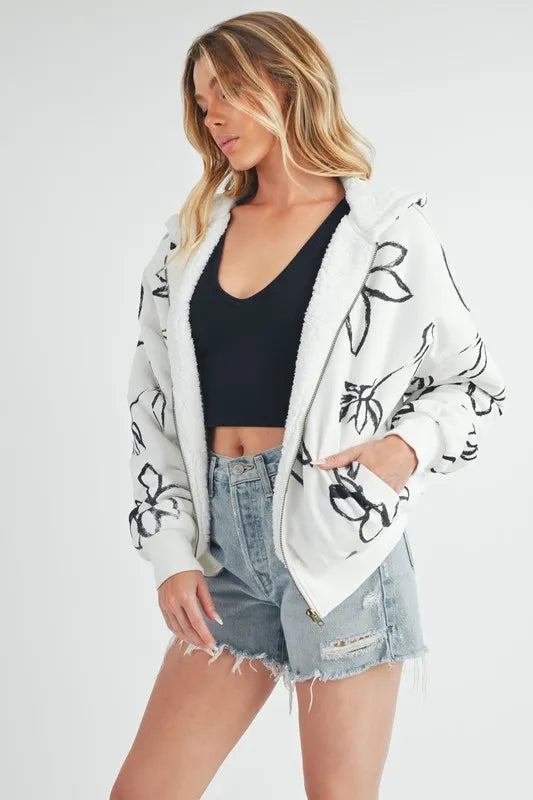 Aemi Co Flower Print Zip Up Sherpa Hoodie 1