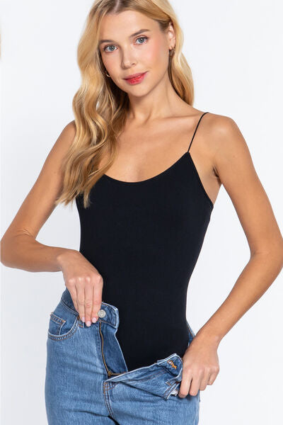 Black Active Basic Ribbed Round Neck Seamless Cami Bodysuit