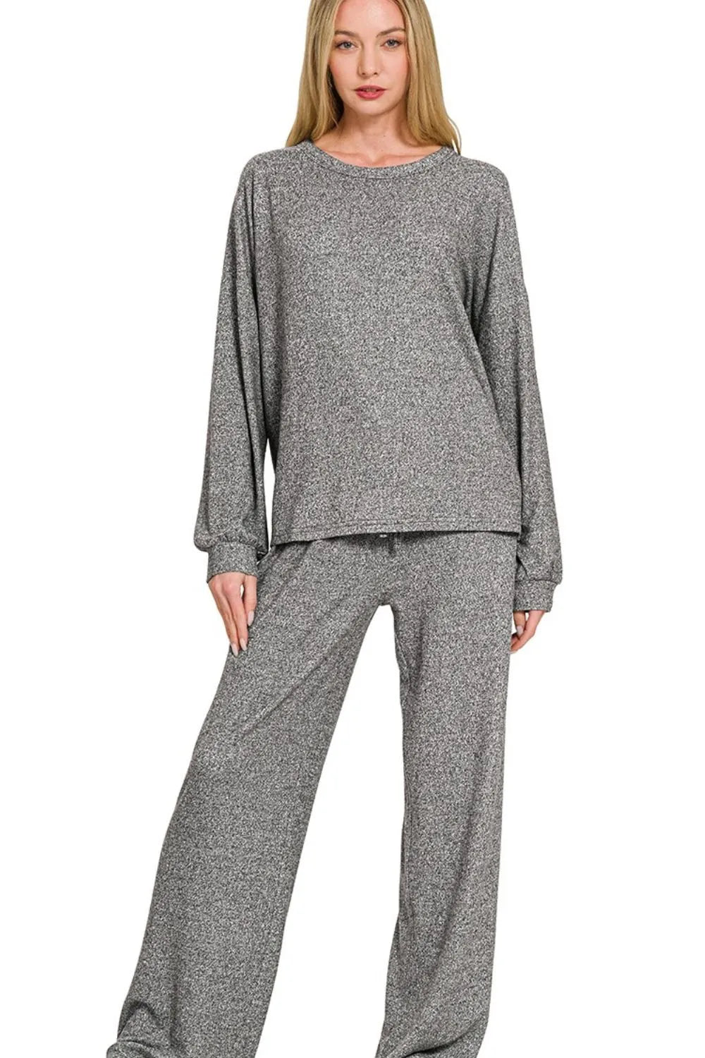 Gray Zenana Soft Melange Hacci Long Slv Tee Pants Set
