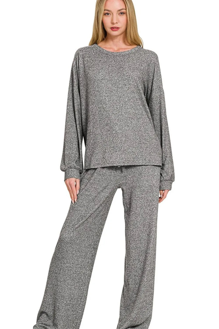 Gray Zenana Soft Melange Hacci Long Slv Tee Pants Set